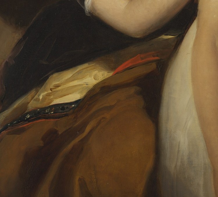 Sarah, on the left, holds a book of music or verse.