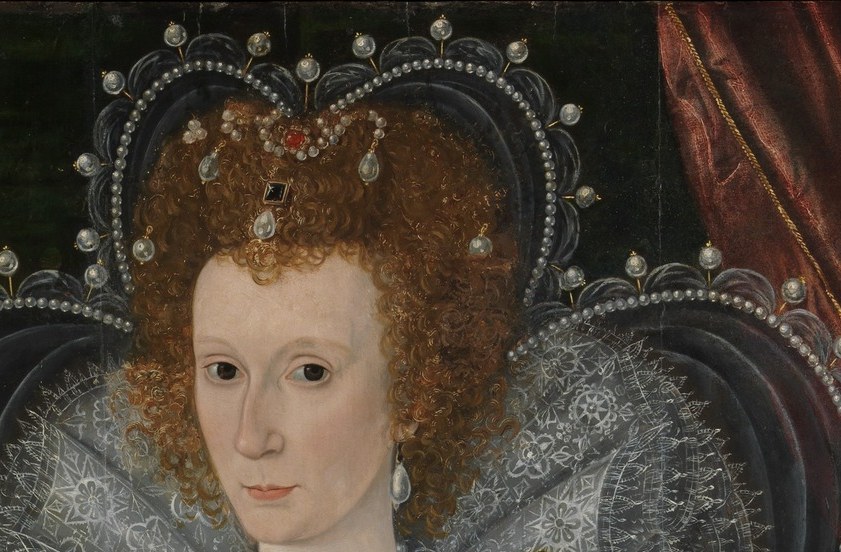 Reserved Elizabethan expression , the slight downward angle of the eyes suggests aristocratic distance rather than engagement, a deliberate rhetorical choice of the period.