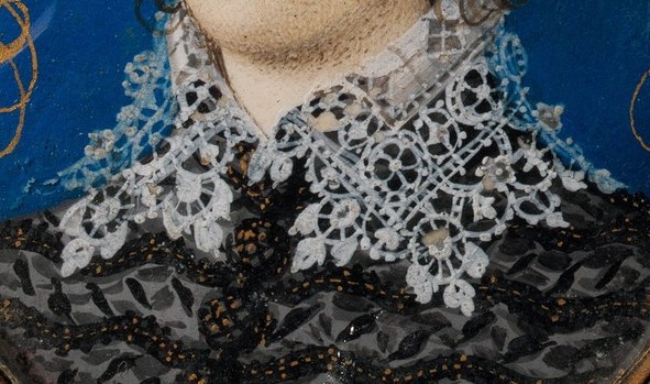 The intricate, delicate lace collar is a testament to the artist's skill and the subject's status.