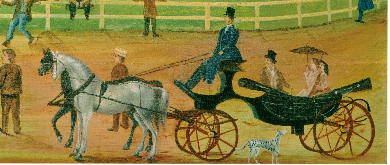 the elegant carriage with its relaxed passengers contrasts the race's tension, showing leisure and social class