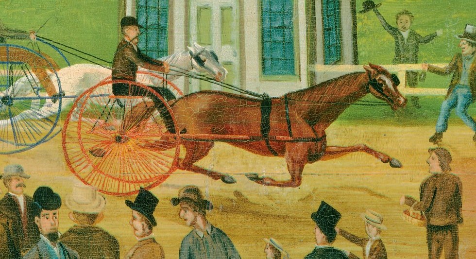 the straining horse and flying harness tell the viewer this is the decisive moment of the race