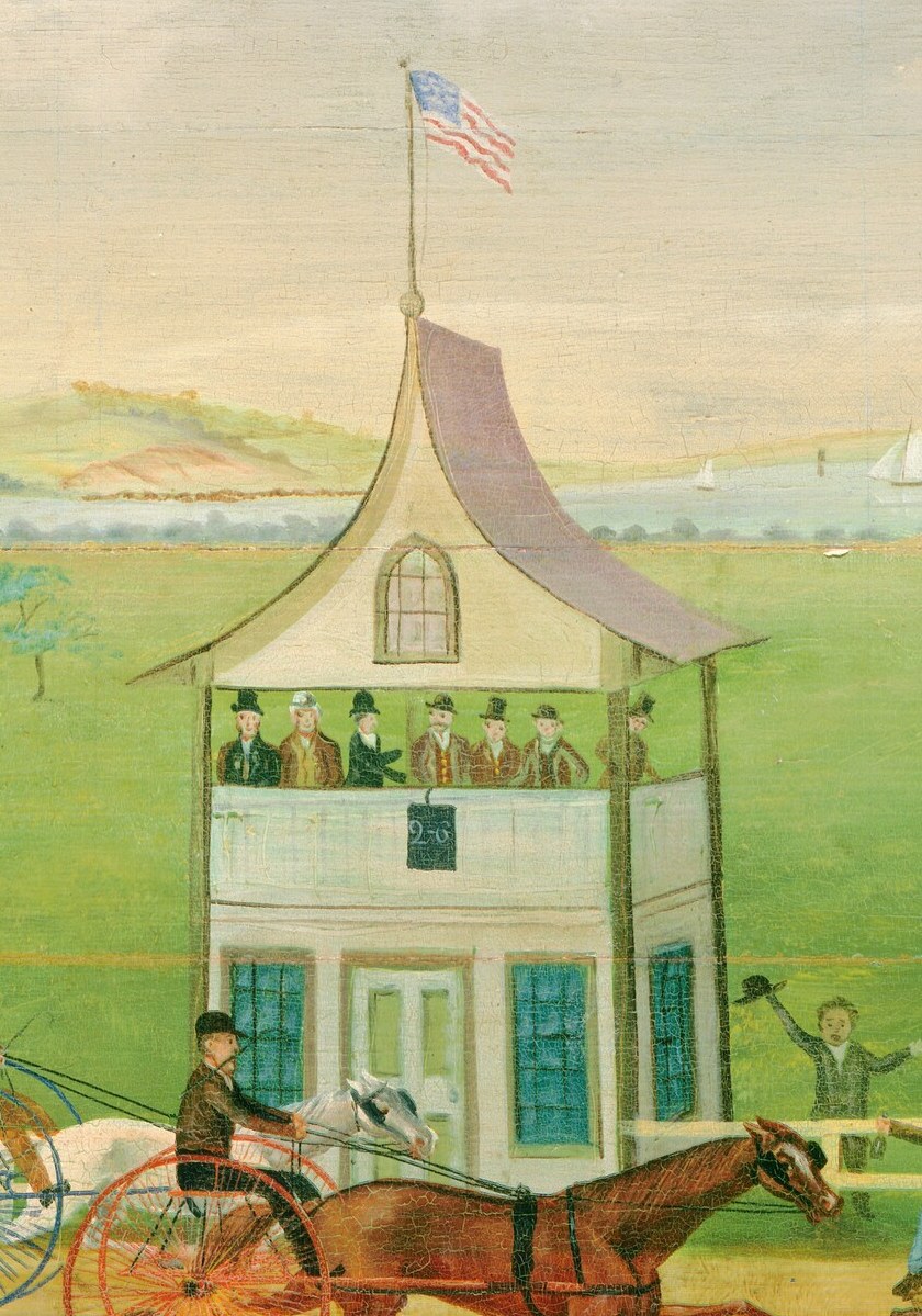 the central tower anchors the composition and its balcony figures survey the race, a symbol of organized spectacle
