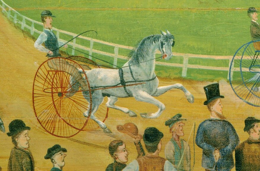 the paired horse and driver with vivid scarlet wheels create a diagonal rush that animates the left foreground