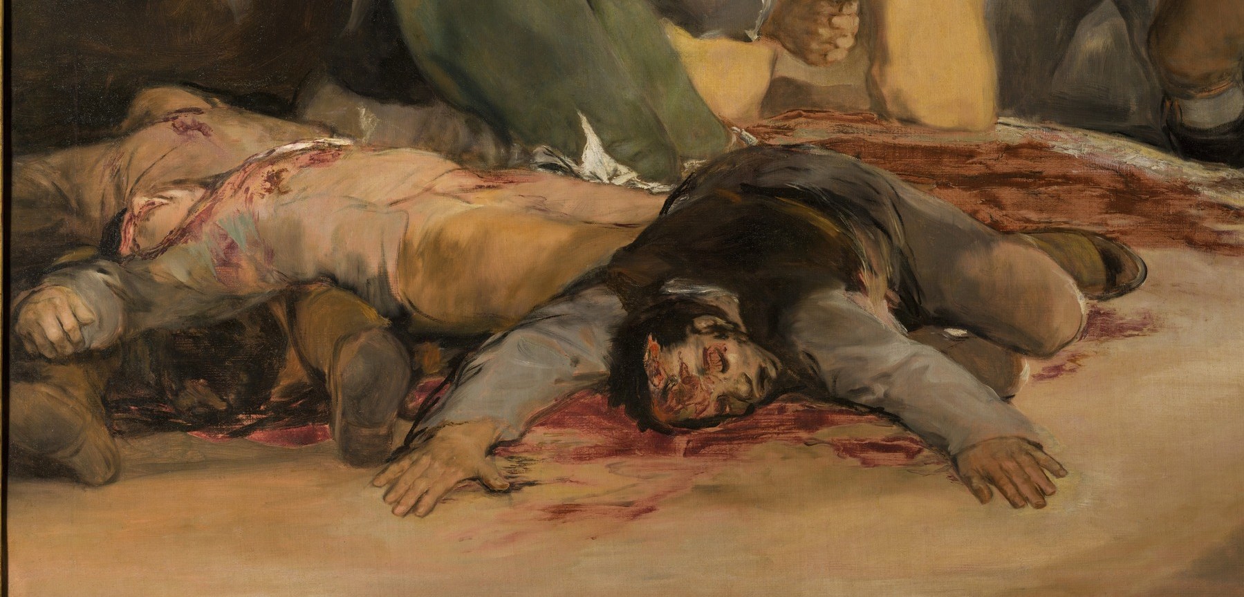 His contorted body and blood-soaked clothes evoke the brutal reality and finality of death.