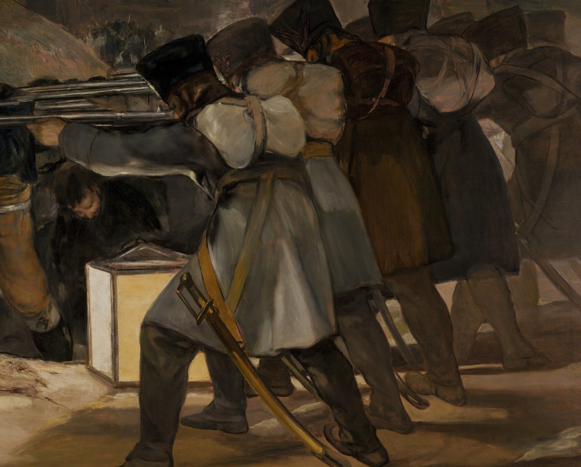 Their faceless uniformity and mechanical action highlight the dehumanizing nature of war.