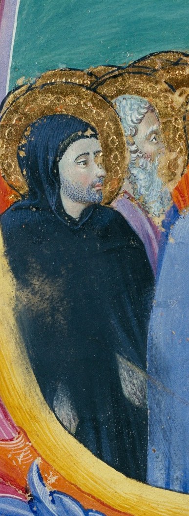 His dark, hooded robe and sideways glance suggest a contemplative or perhaps questioning presence.