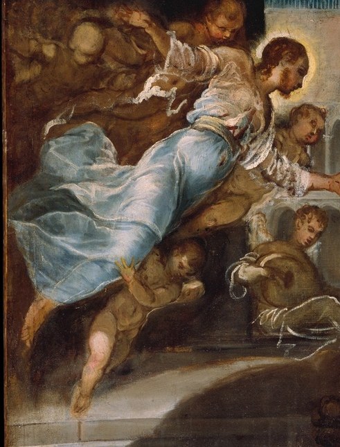 A female figure, Venice herself, intercedes on his behalf.