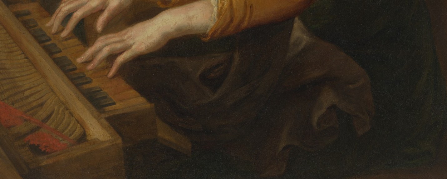 The saint's principal attribute in Flemish iconography; its insistent horizontal anchors the composition and grounds the spiritual scene in a recognisable material object.