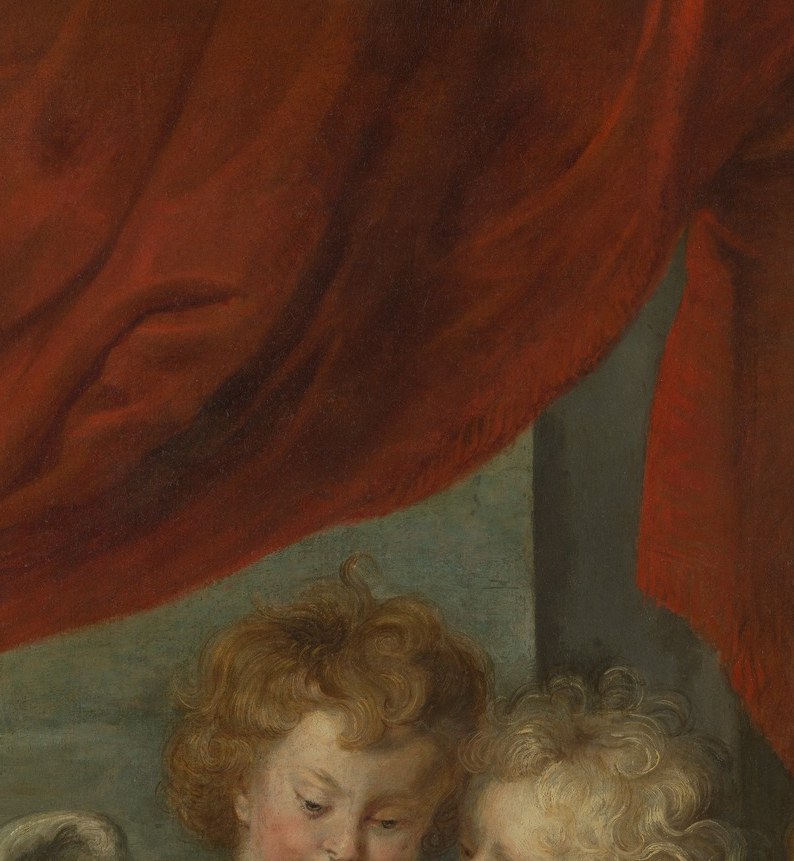 Both putti orient toward Cecilia, constructing a sight-line that makes her the centre of gravity even though she occupies only the right third of the canvas.