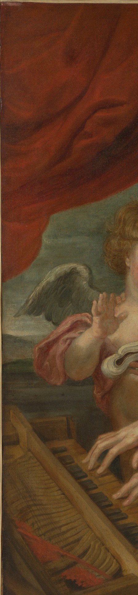 A Baroque theatrical device that frames the scene like a stage; its saturated red against the pale sky creates the colour drama that holds the whole composition together.