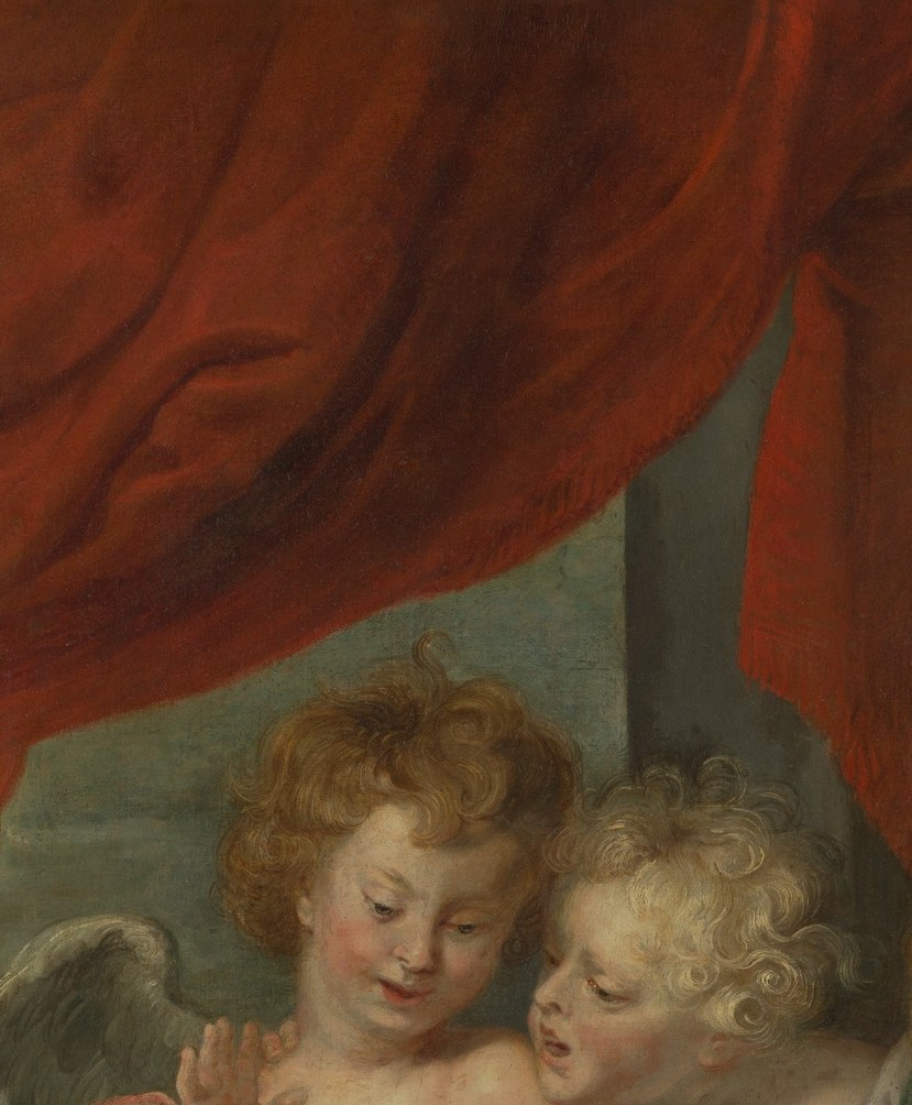 The cherub leans in as an active listener, transforming the scene into a celestial audience , heaven itself attends Cecilia's music rather than merely approving it.