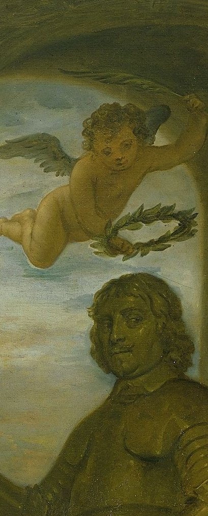 An angel above holds a laurel wreath, a symbol of glory.