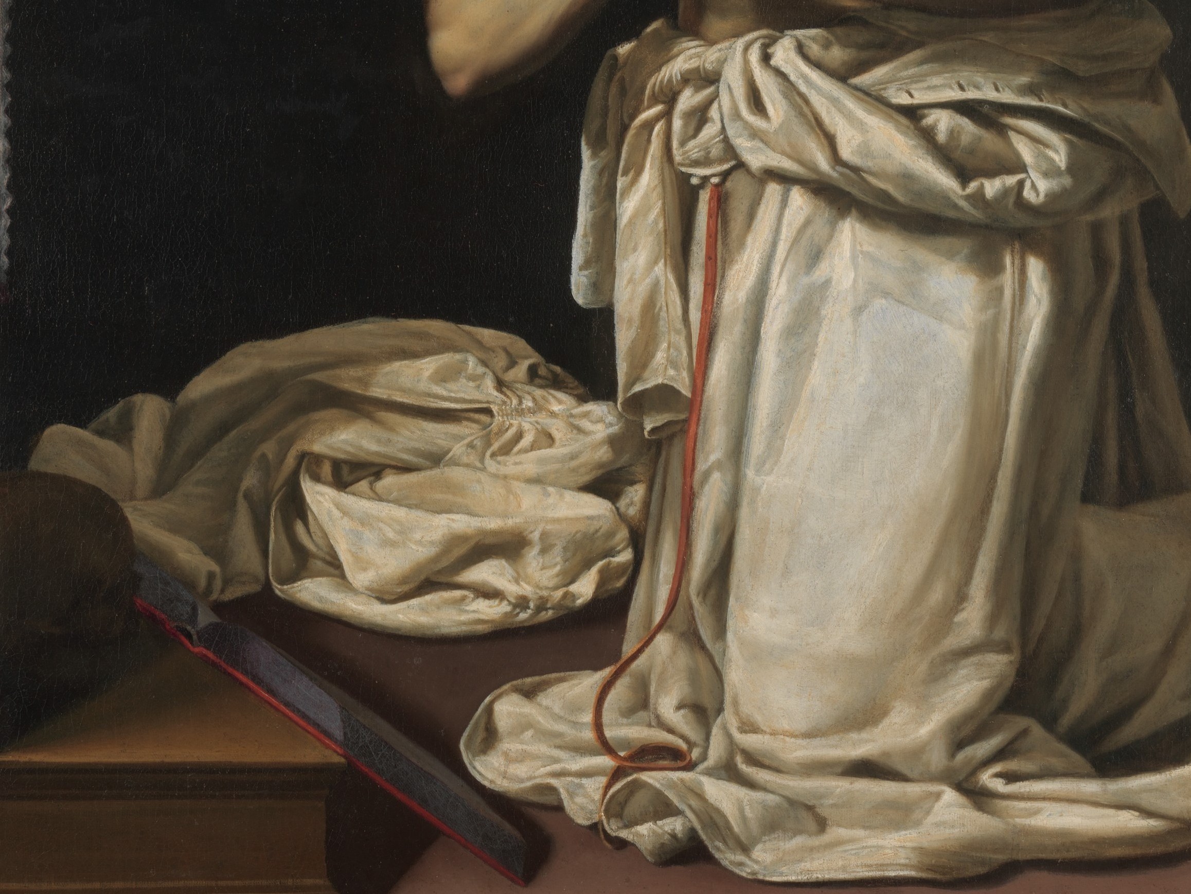 The luminous white fabric dominates the lower canvas; Tarchiani uses it to anchor the composition and demonstrate painterly bravura