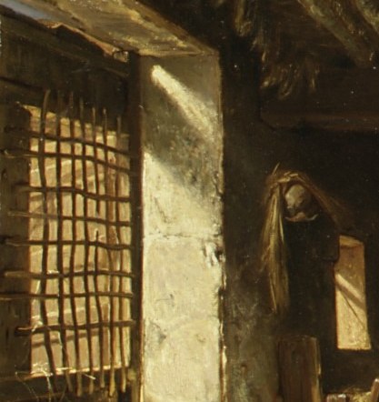 The sole light source in the composition , its luminous rectangle punches through barn darkness like a stage spot, driving the entire tonal drama of the painting