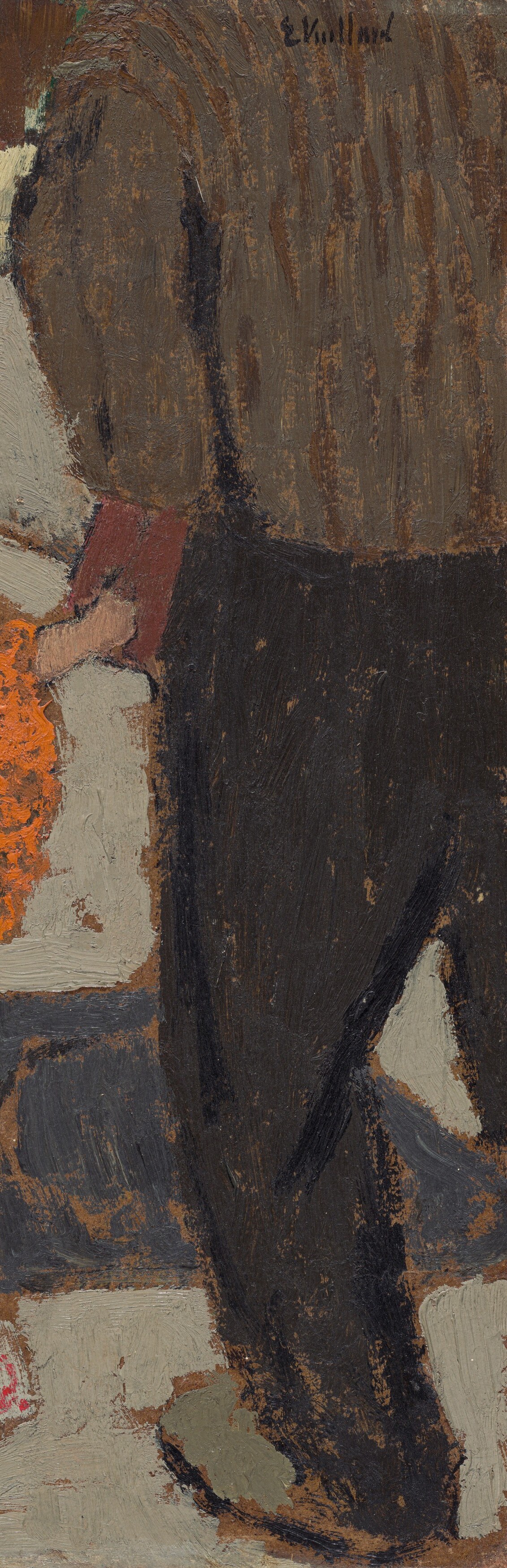An enormous dark presence , likely a parent , flattened to near-abstraction; looms protectively or ominously in a way that defines the child's vulnerability by contrast