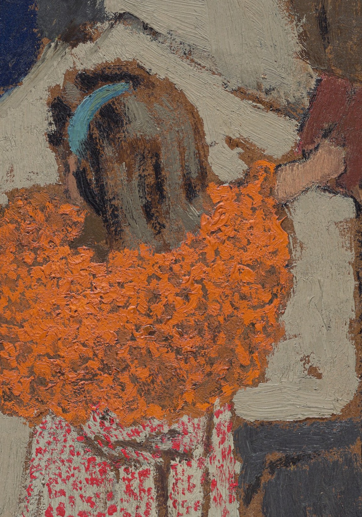 She wears the painting's only blaze of color, the red scarf.