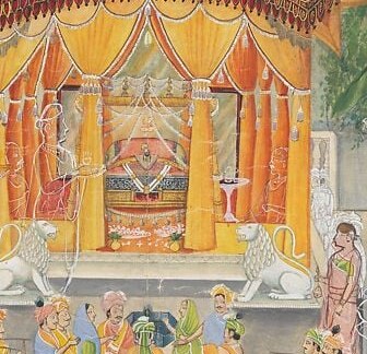 Krishna sits at the center, inside a golden shrine.