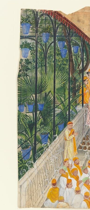 Decorative and symbolic simultaneously , they enclose the sacred precinct like a living wall; a close lens would reveal the artist's distinctive flat-leaf patterning technique.