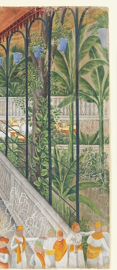 Mirrors the left trees to enforce bilateral symmetry, reinforcing the painting's ceremonial order; background blue patches between leaves hint at sky depth beyond the grove.