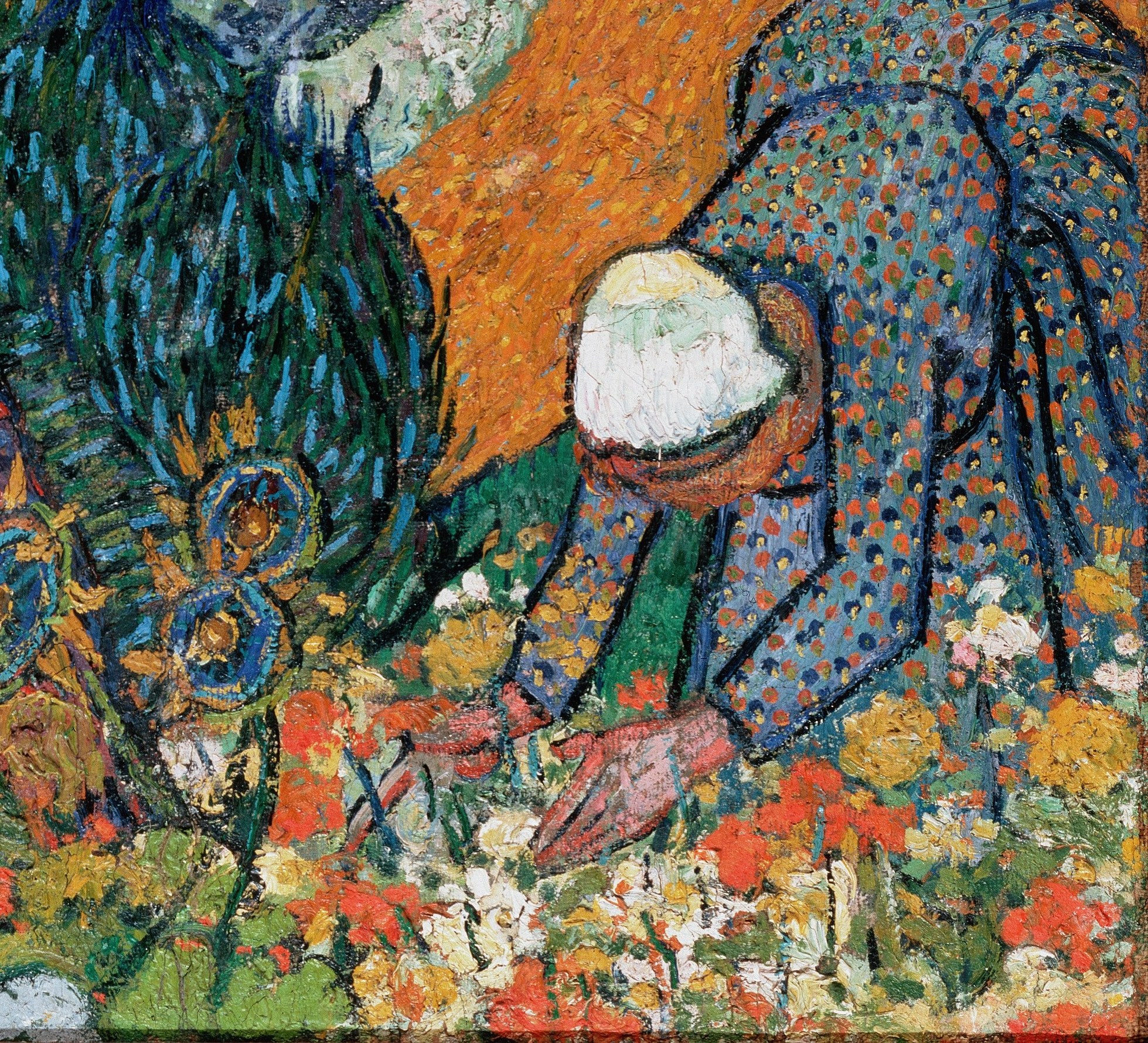 Three women work the soil, absorbed in their labor.