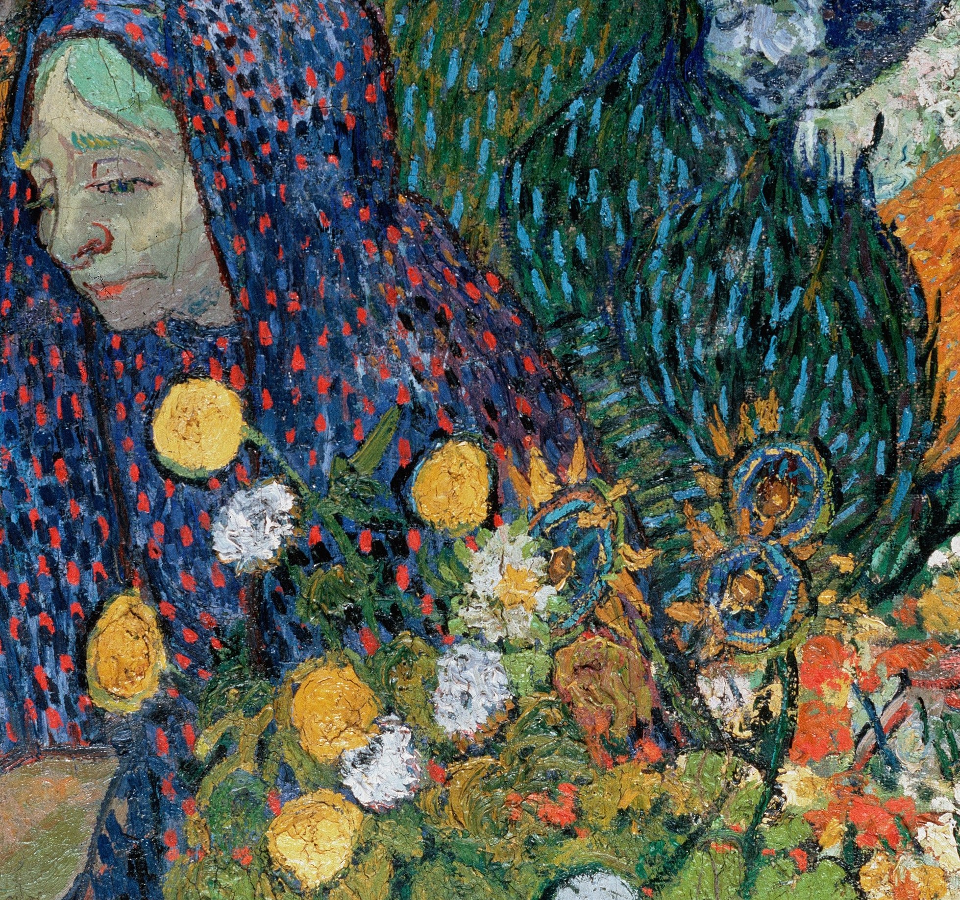 Her downcast eyes and slightly furrowed brow convey a sense of weariness or deep thought.