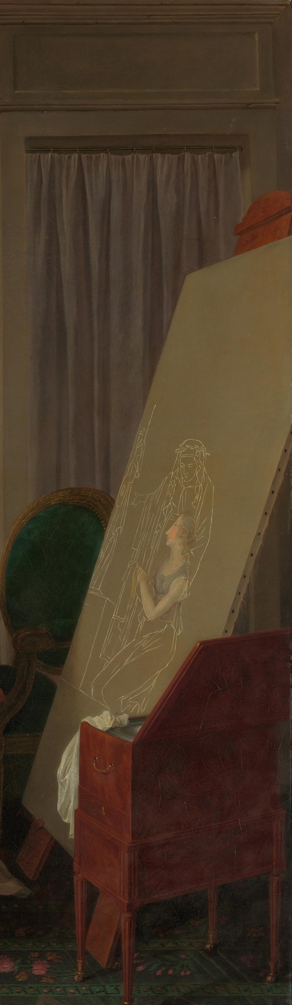 The blank canvas occupies a third of the composition; its sheer scale signals serious professional ambition and frames the figures like a stage wing.