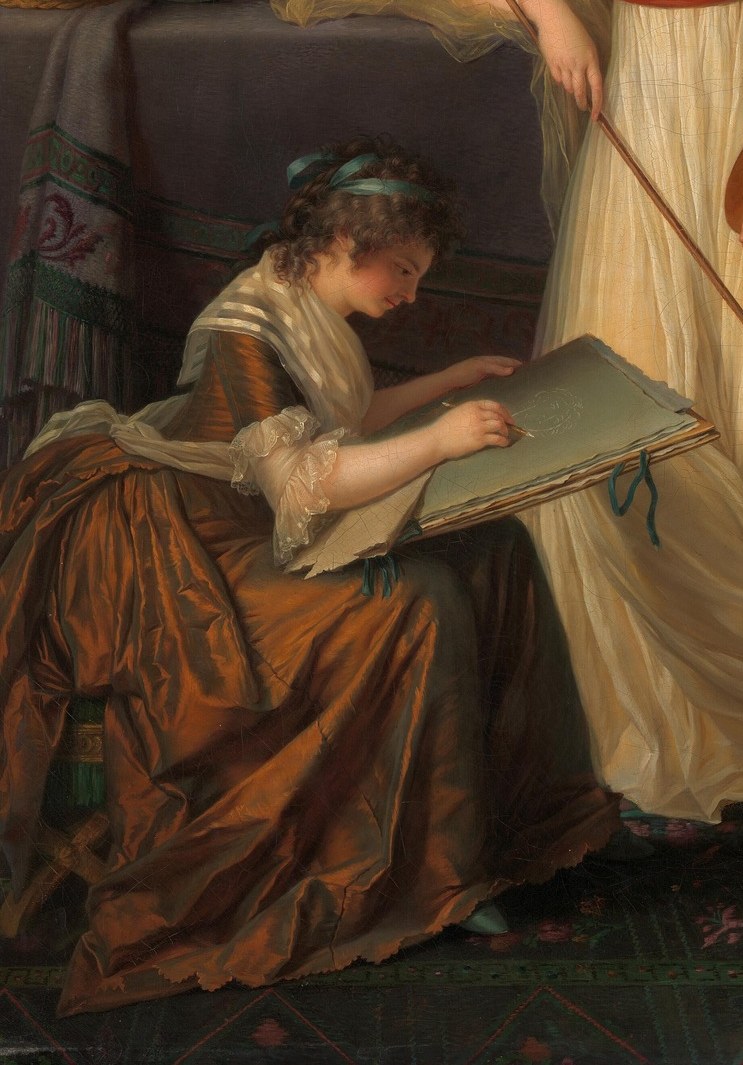 Likely Marie-Élisabeth Gabiou, the artist's sister , her absorbed, downward gaze creates an asymmetry of attention that implies a teaching or mentoring relationship.