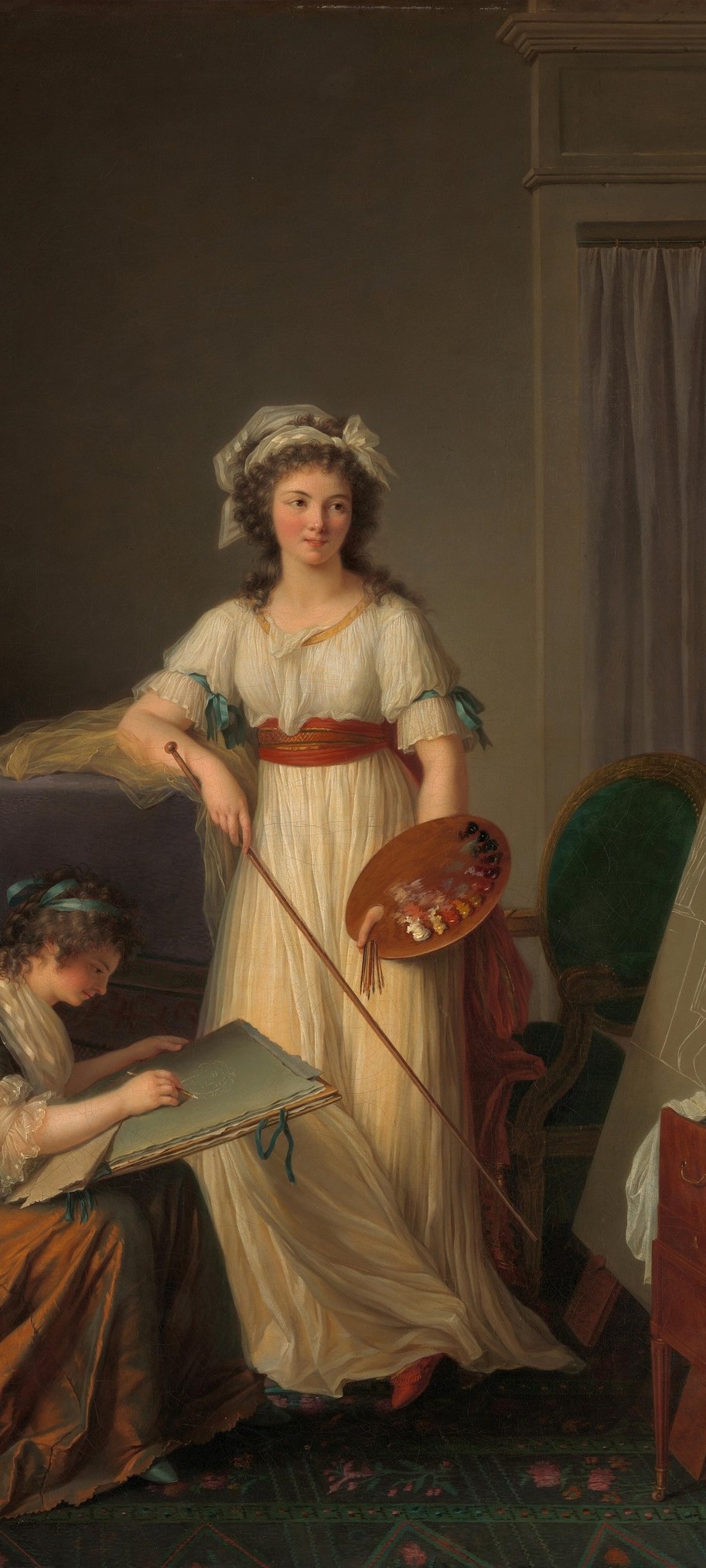 Light falls across the white dress in long gradients, demonstrating Lemoine's mastery of tonal modulation; the upright posture reads as professional pride.