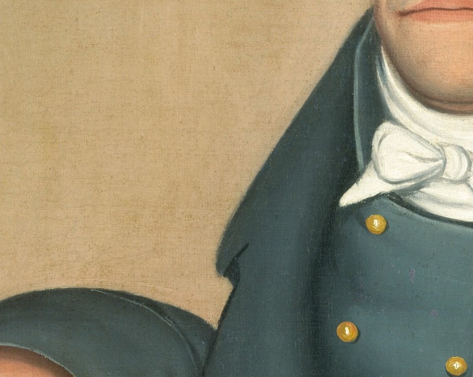 The bright white neckcloth against the dark coat is the painting's strongest tonal contrast , a deliberate beacon and a status marker of 1816 New England dress
