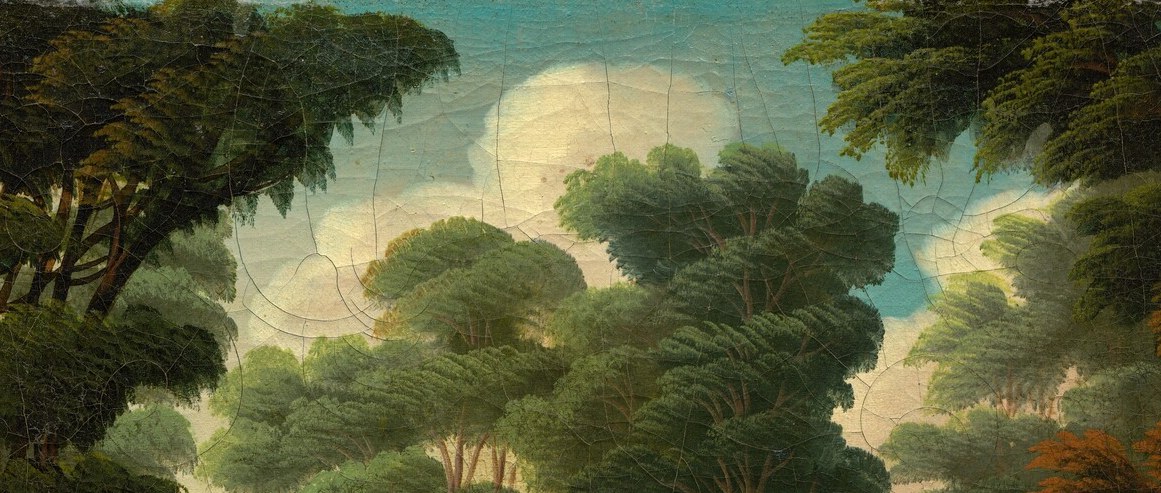 The brightest passage in the painting; Chambers uses it to flood the composition with optimism rather than elegiac shadow, defying expectations for a cemetery scene.