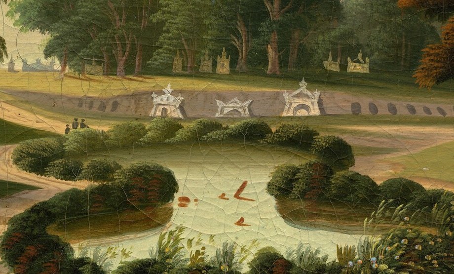 The compositional fulcrum; its precise ellipse contrasts with the wild tree canopy above and signals the manicured, park-like philosophy of Mount Auburn's designers.