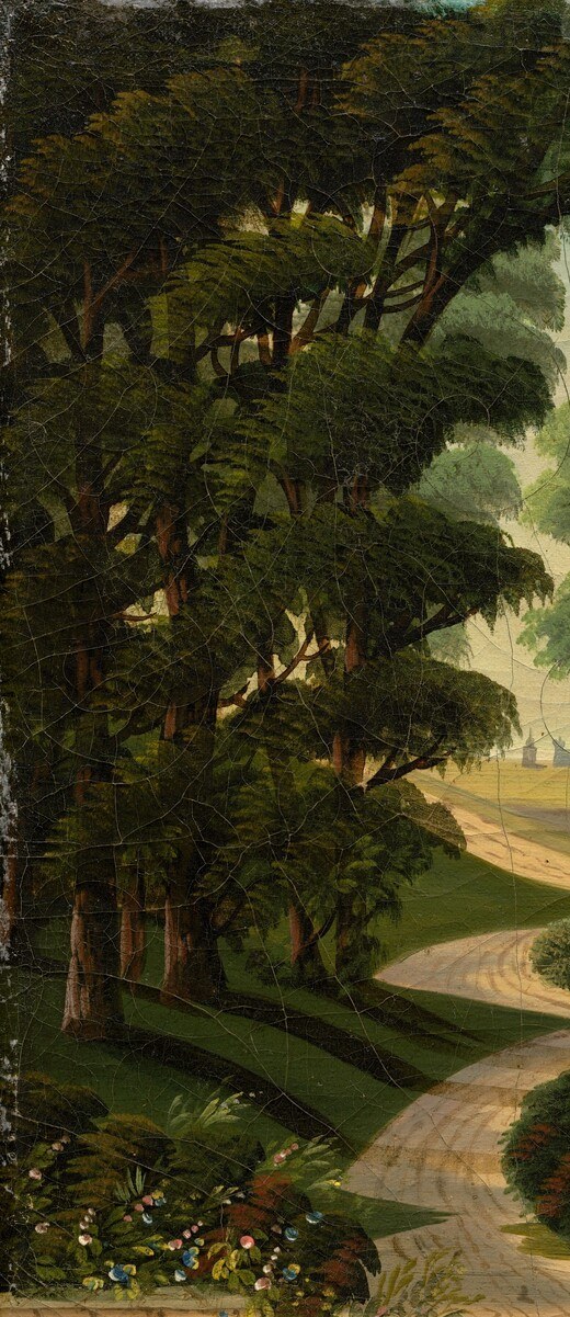 A theatrical coulisse framing the scene; Chambers' signature flat, rhythmic patterning is most visible in its stylized silhouetted foliage, revealing his self-taught decorative hand.