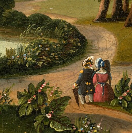 The painting's sole human presence; their dark silhouettes and period costumes anchor the scene as leisure rather than mourning, embodying the rural cemetery movement's social ideal.