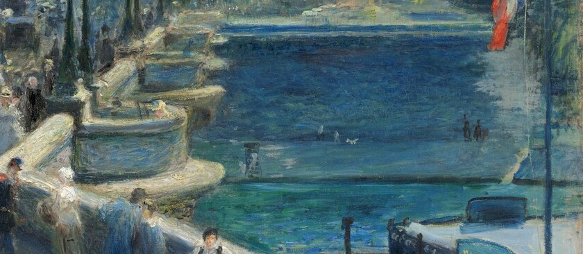 The warm tan stonework recedes in perspective, anchoring the elevated viewpoint and showing Renoir's casual mastery of vanishing-point geometry