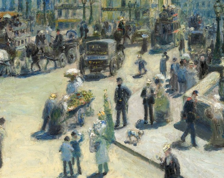 The densest human cluster on the bridge deck; varied postures and fashions capture the social mix of 1870s Paris at a glance