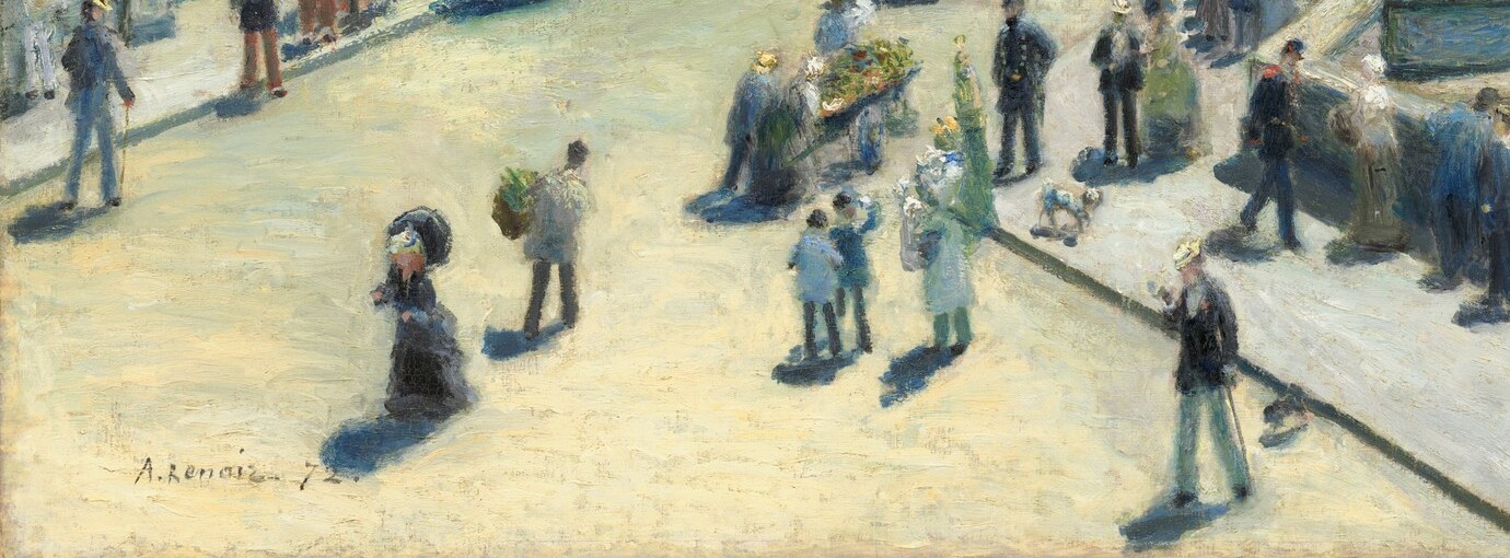 Renoir flooded the stone deck with warm midday light , the palette here, cream and sand flecked with shadows, shows his instinct for light as subject matter