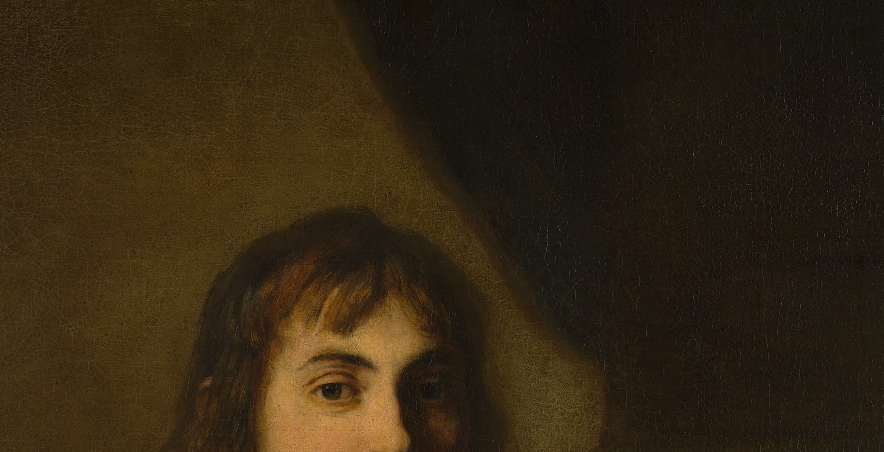 Soft flowing curls fashionable among young Dutch gentlemen of the 1640s; Rembrandt renders individual locks against the dark ground with a few deft, loaded highlights , technique worth isolating