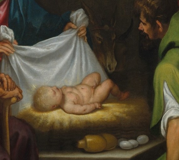 The white cloth seems self-luminous, as if the child is a second light source competing with the star above , a visual theology: divinity descending into matter.