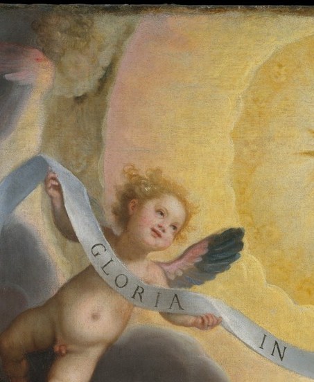 One of a symmetrical pair framing the star; their warm ochre skin against the golden aura creates a celestial proscenium announcing the scene as witnessed from heaven as well as earth.