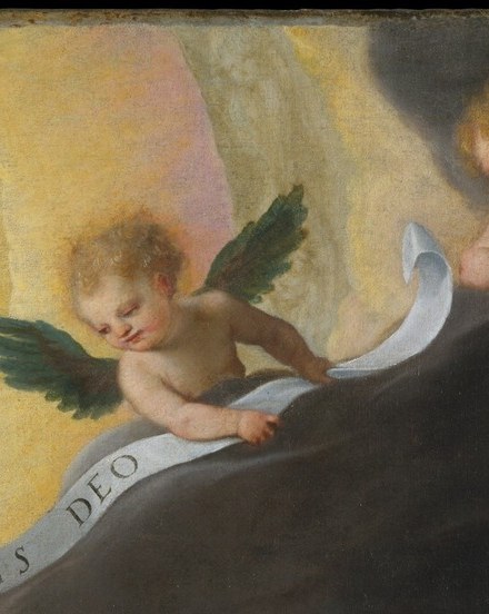 Mirror-pair to the left putto; together they form a heavenly bracket , the deliberate symmetry at the top contrasts with the organic human crowd below.