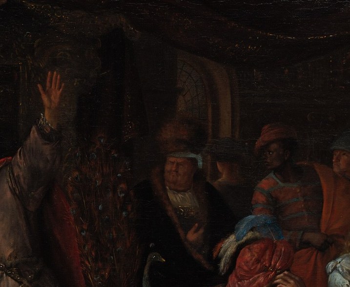 The king's raised arm seals the traitor's fate.