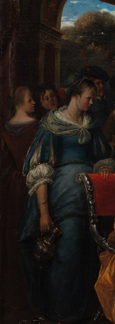 A handmaid stands in the shadow, nearly invisible.