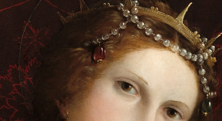 The slight head-tilt makes one eye appear marginally higher; Lotto concentrates psychological presence here , they follow the viewer in a way saints' eyes rarely did before the Renaissance.