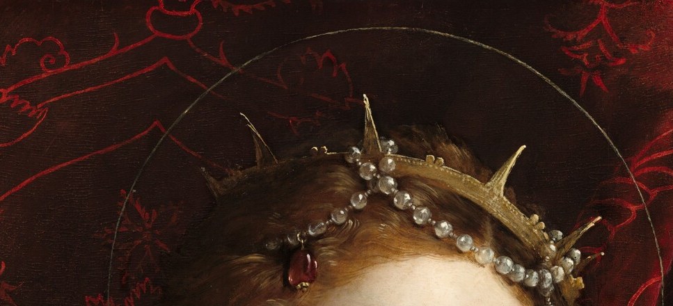Each spike is individually rendered; close zoom reveals whether they read as goldsmith decoration or thorns, which shifts the theological valence between glory and suffering.