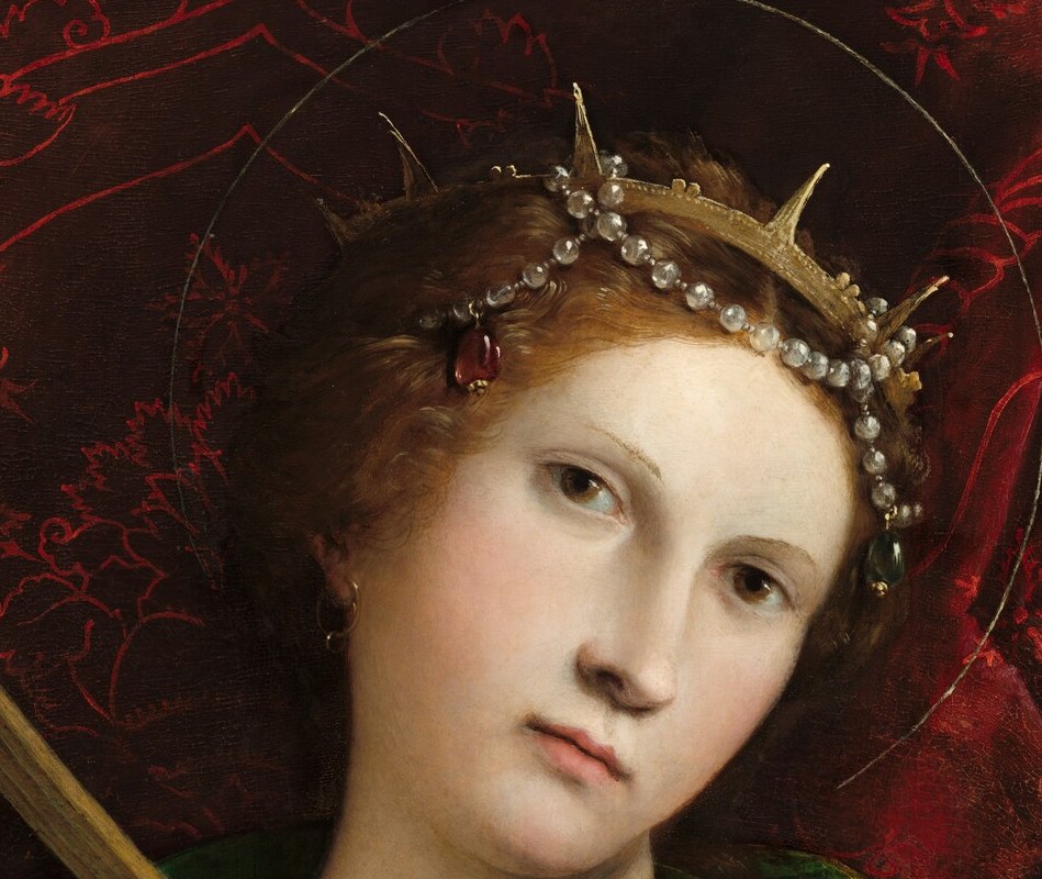 Intensely portraitlike , Lotto turns the devotional image into something closer to a secular portrait; the unflinching directness feels borrowed from a live sitter, not an icon tradition.