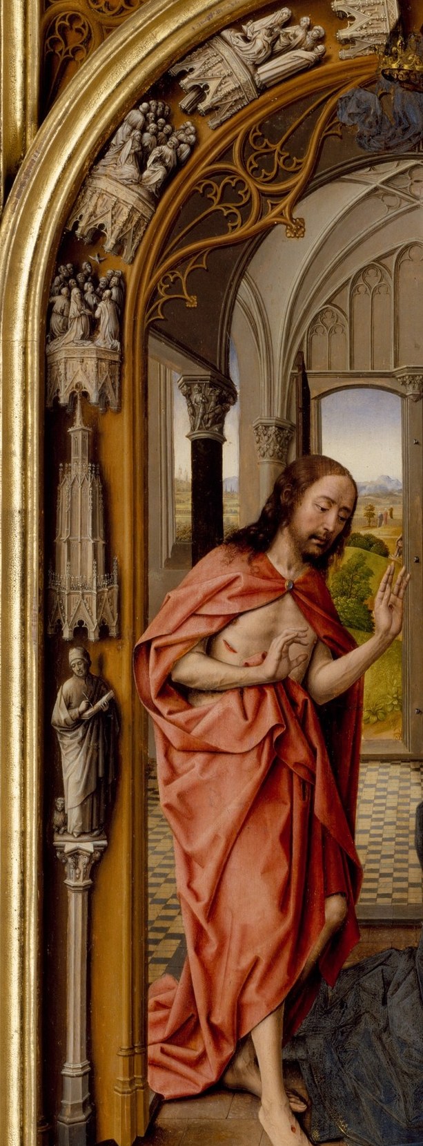 He appears in a red mantle. The color of martyrdom and glory.