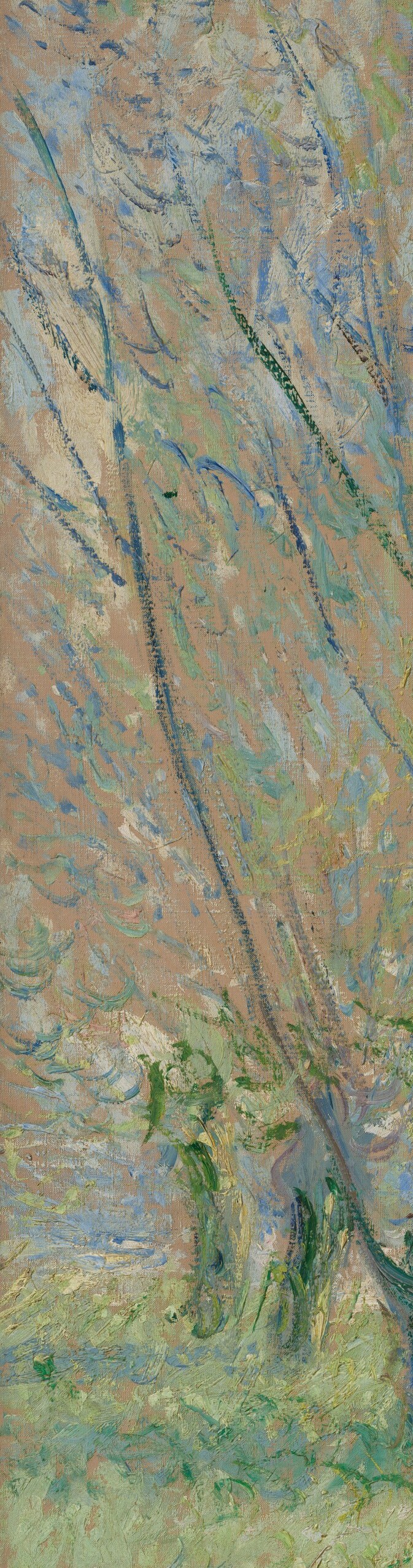 The diagonal lean gives the composition its dynamism and frames the woman like parentheses; Monet's brushwork on bark is visibly gestural.