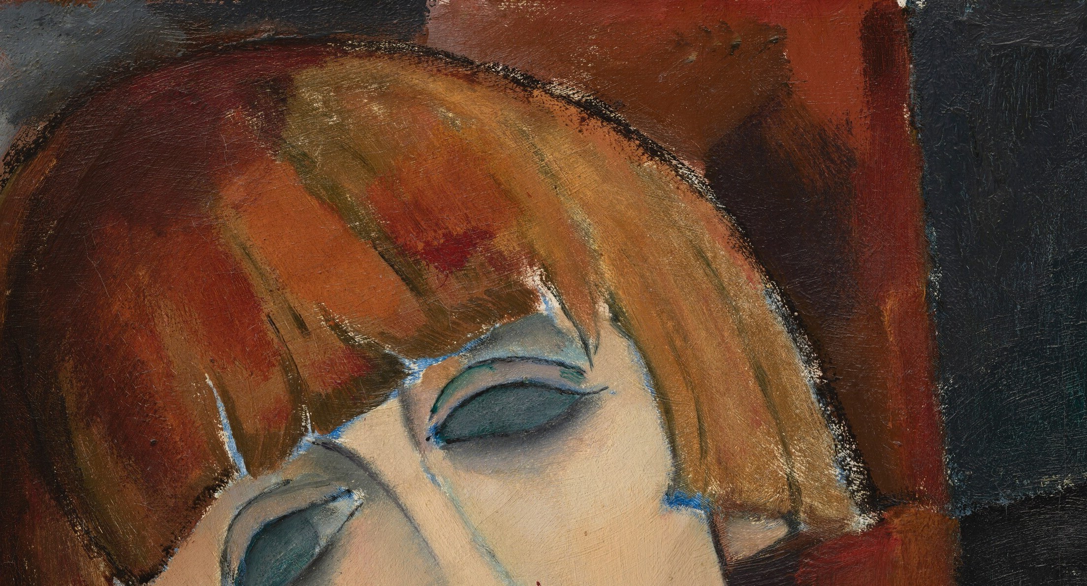 The vivid auburn frames the pale face like a halo; in 1917 a woman's short bob was a radical modernity signal, and Modigliani makes it the painting's crown.
