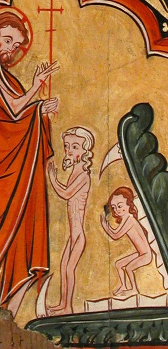 One kneeling figure is Adam, now freed. His scale tells you he was once lost.