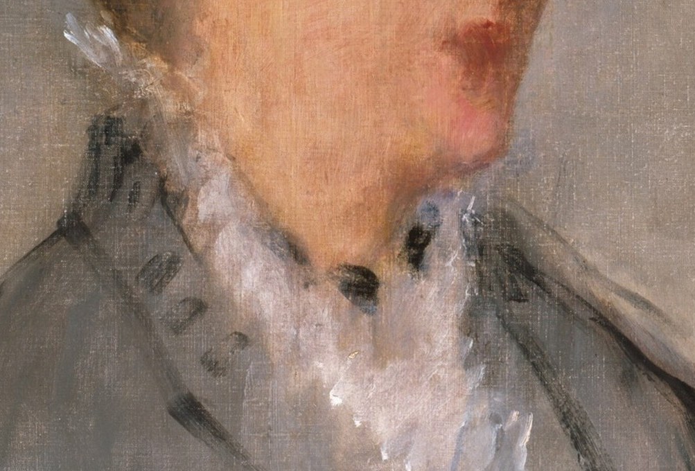 The intricate detail of the collar contrasts with the looser rendering of her face and clothing.